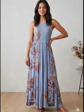Free People Seasons In The Sun Blue Paisley Halter Midi Dress Size Medium